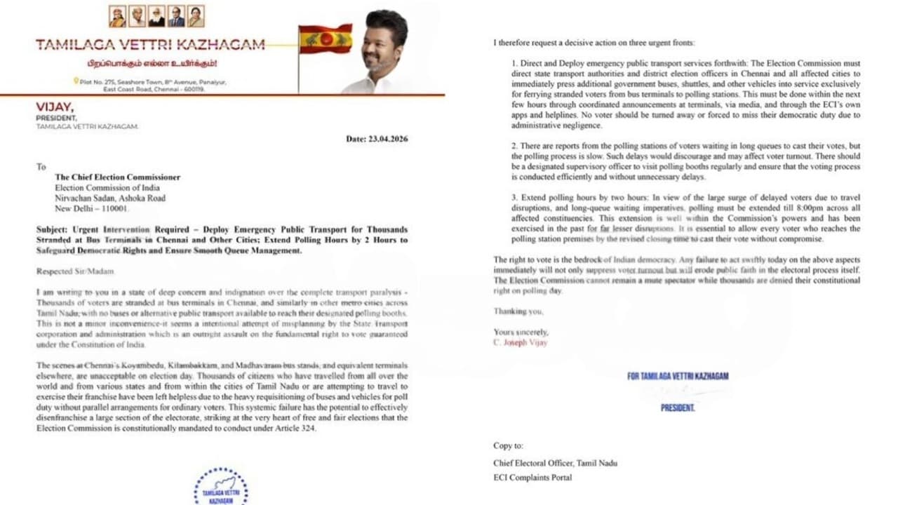 ఈసీకి టీవీకే పార్టీ అధినేత విజయ్ అత్యవసర లేఖ – పోలింగ్ సమయం పొడిగింపు, ప్రత్యేక బస్సుల ఏర్పాటు కోరుతూ విజ్ఞప్తి