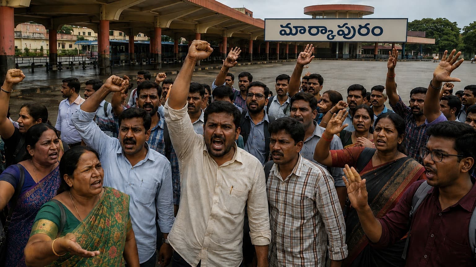 బస్సులు లేక మార్కాపురం బస్టాండ్‌లో ప్రయాణికుల నిరసన